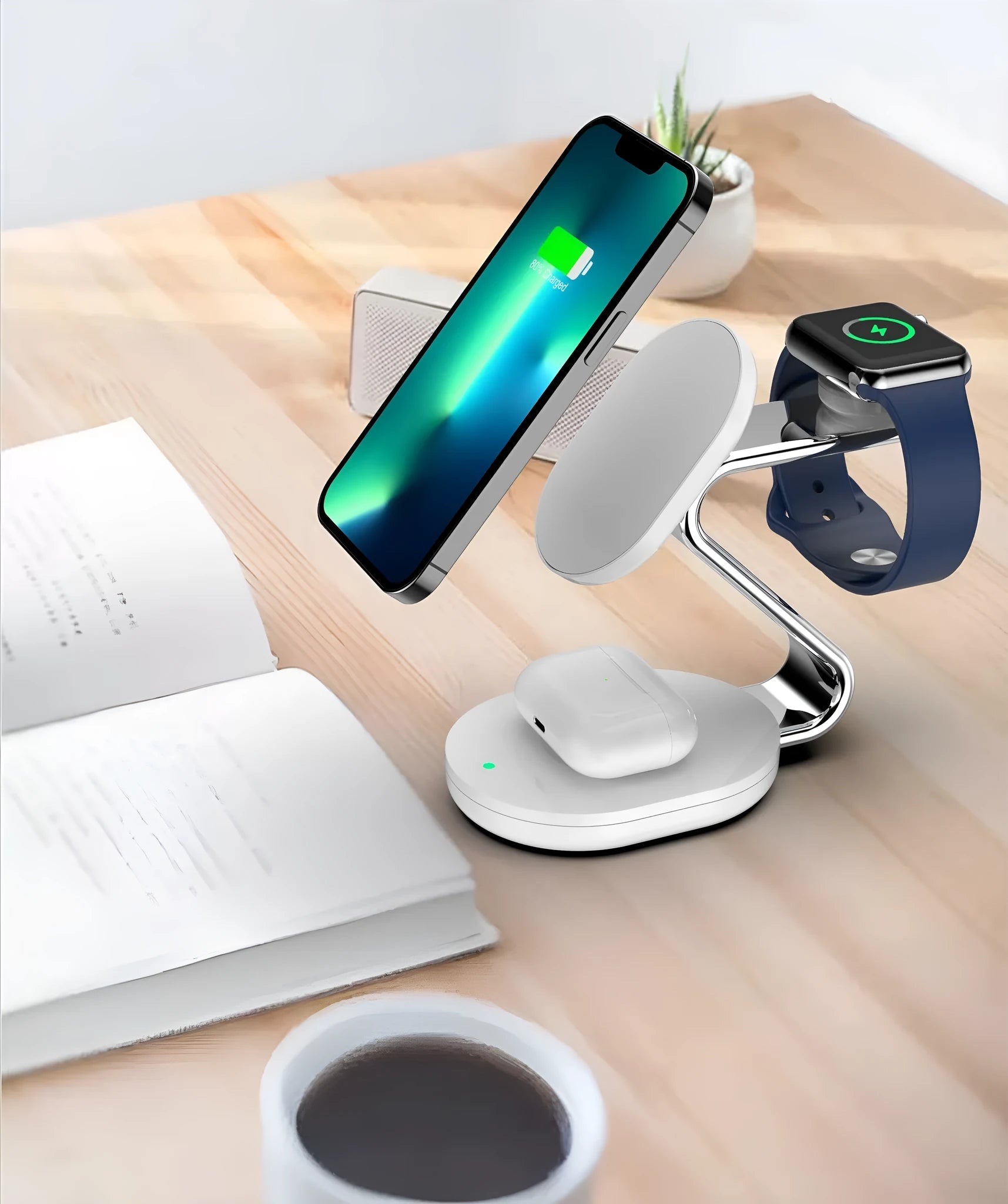White plastic three-in-one magnetic wireless charger with indication function and USB interface