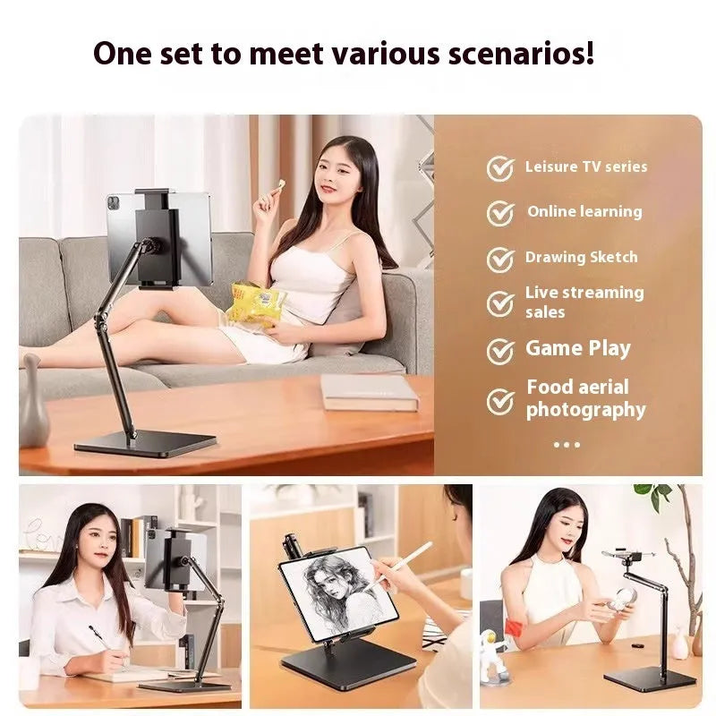 Silver alloy desktop phone bracket with double arms holding a smartphone, shown with a remote control on a wooden desk.