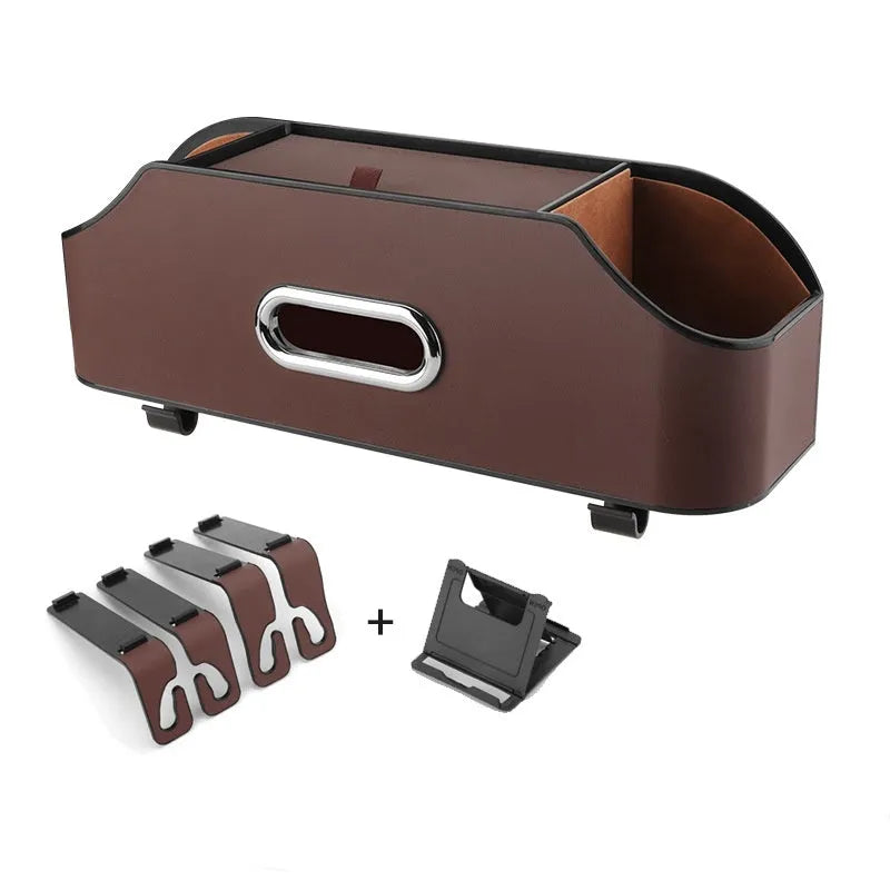 Genuine leather multifunctional car tissue box and cup holder organiser in beige colour.