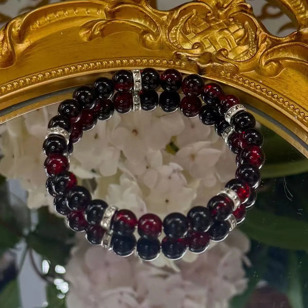 Red artificial crystal beaded handmade elastic bracelet with 8mm beads and 18cm length
