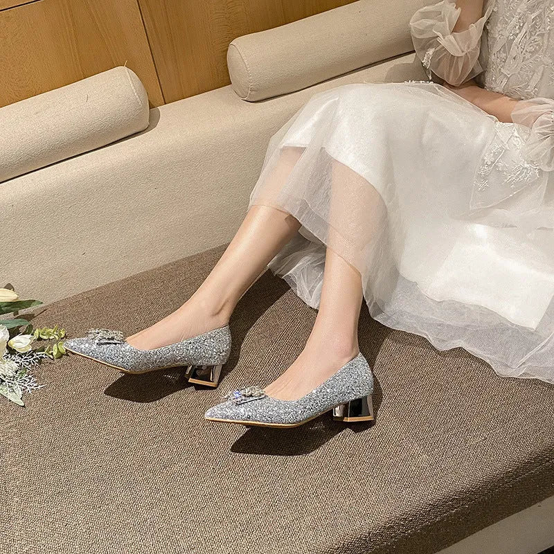 Silver French style mid heel pumps with square buckle, available in large sizes