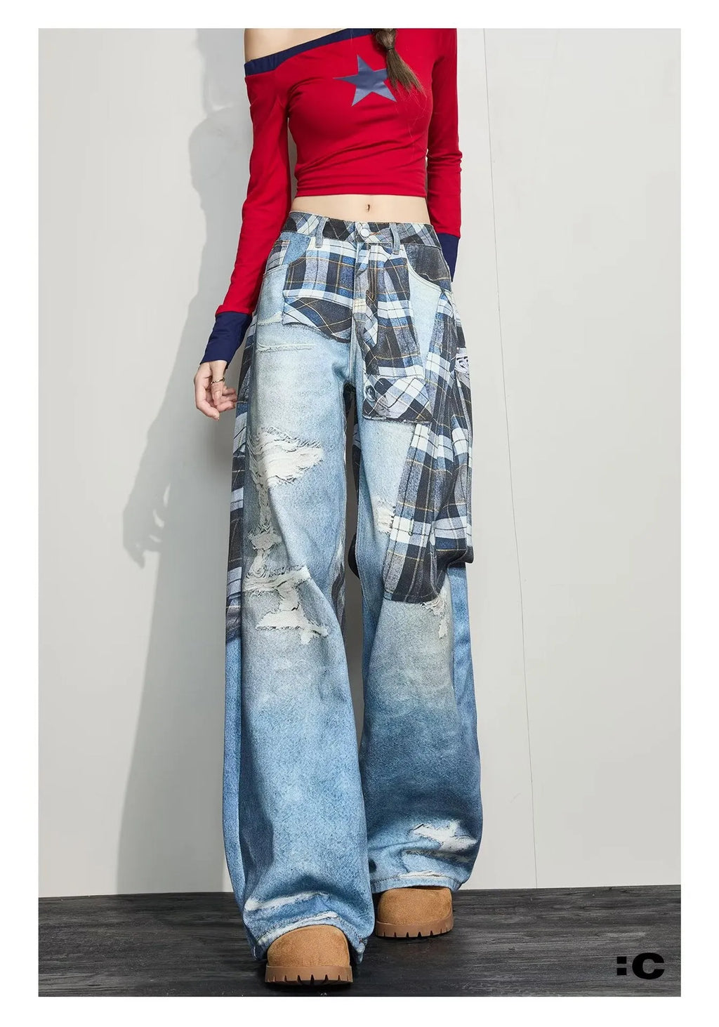 High street wide-leg loose casual pants in blue cotton, straight leg, mid-rise waist, front view