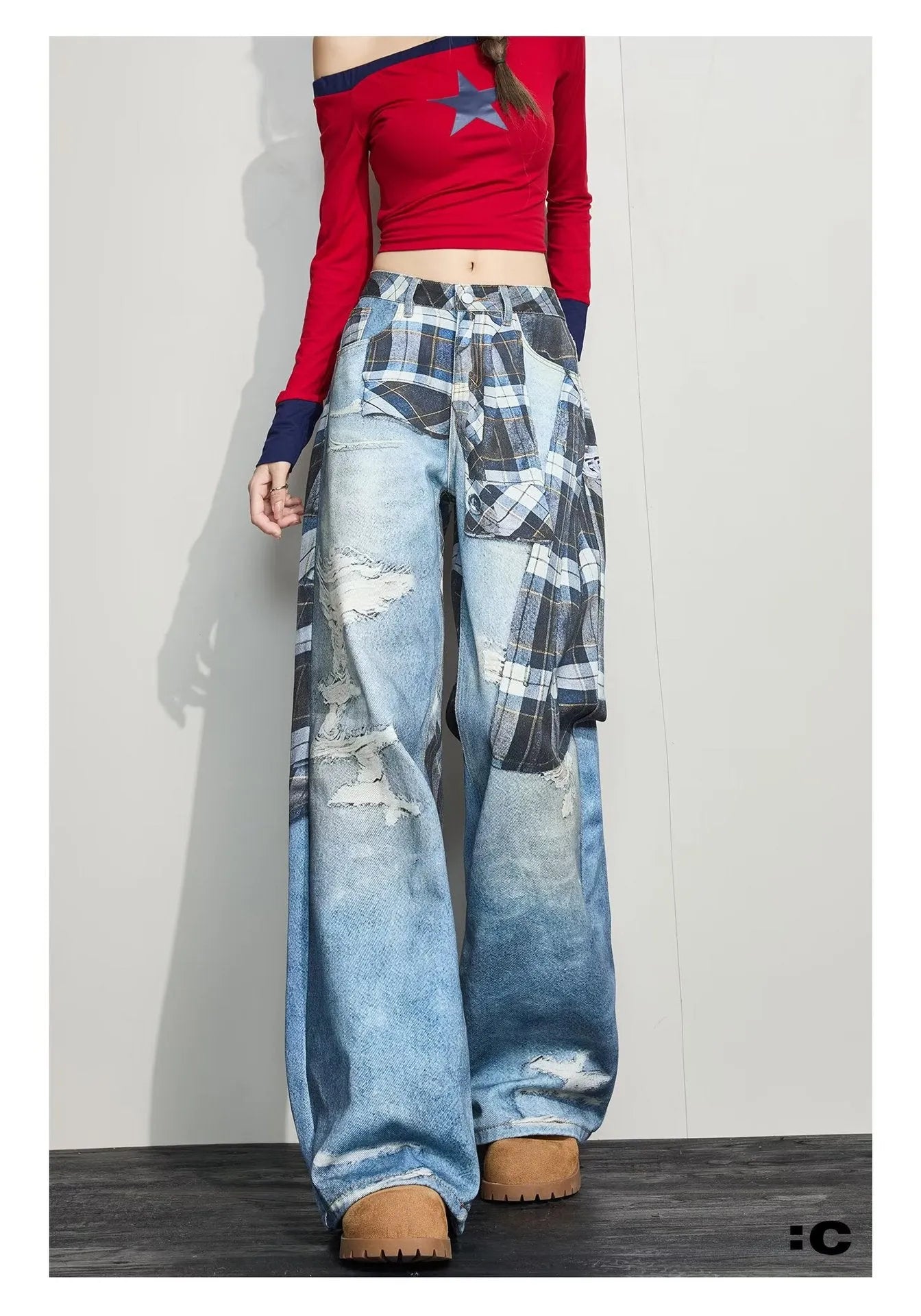 High street wide-leg loose casual pants in blue cotton, straight leg, mid-rise waist, front view