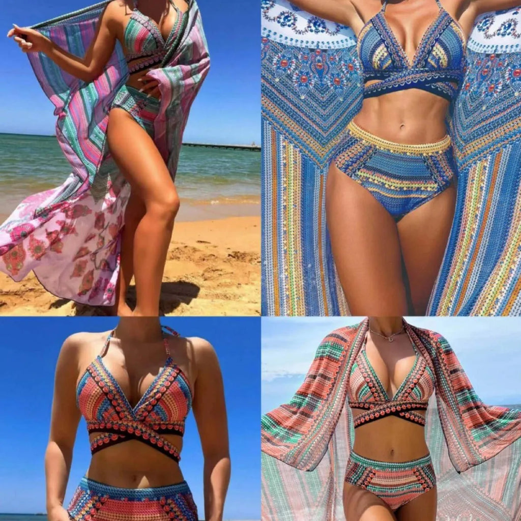 Women's high-waisted bikini swimsuit with cross bandage design in three-piece set