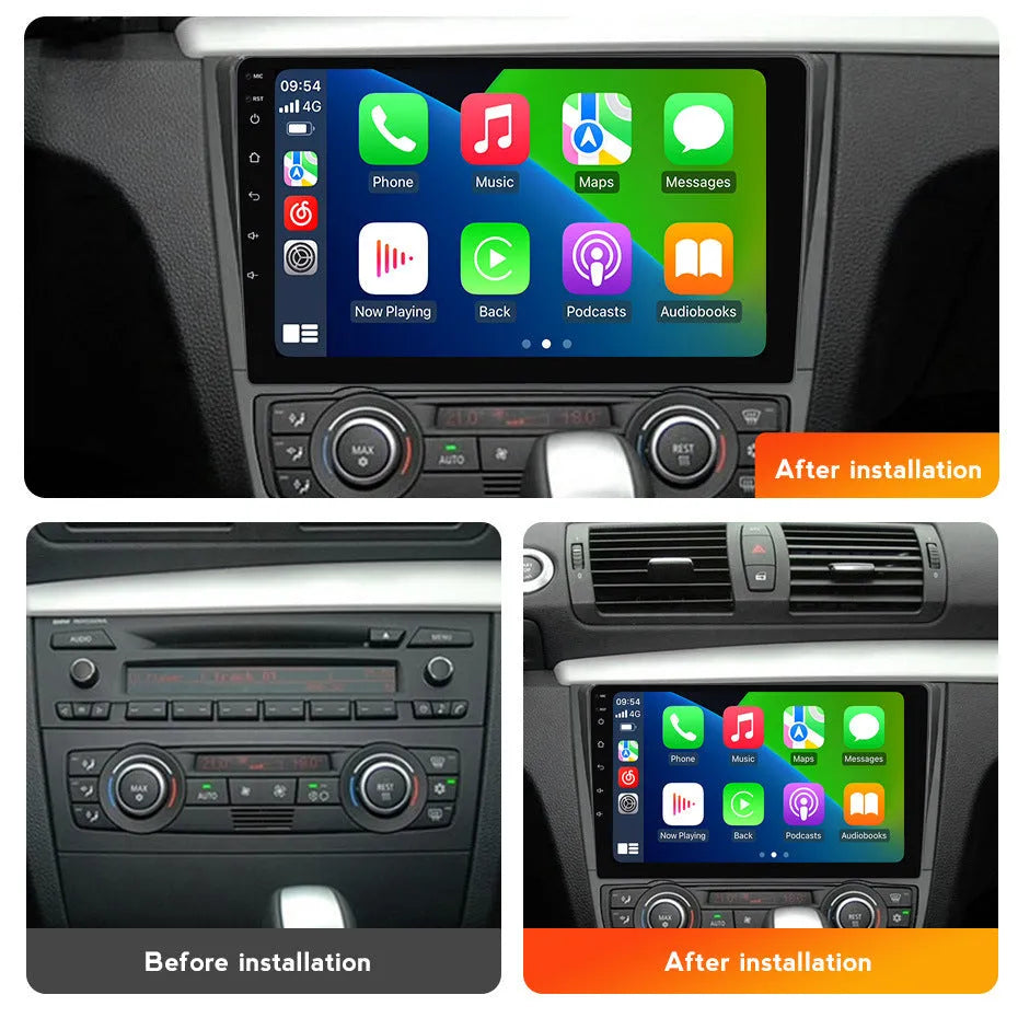 9-inch Android car navigation touchscreen unit for BMW E87 vehicle dashboard.