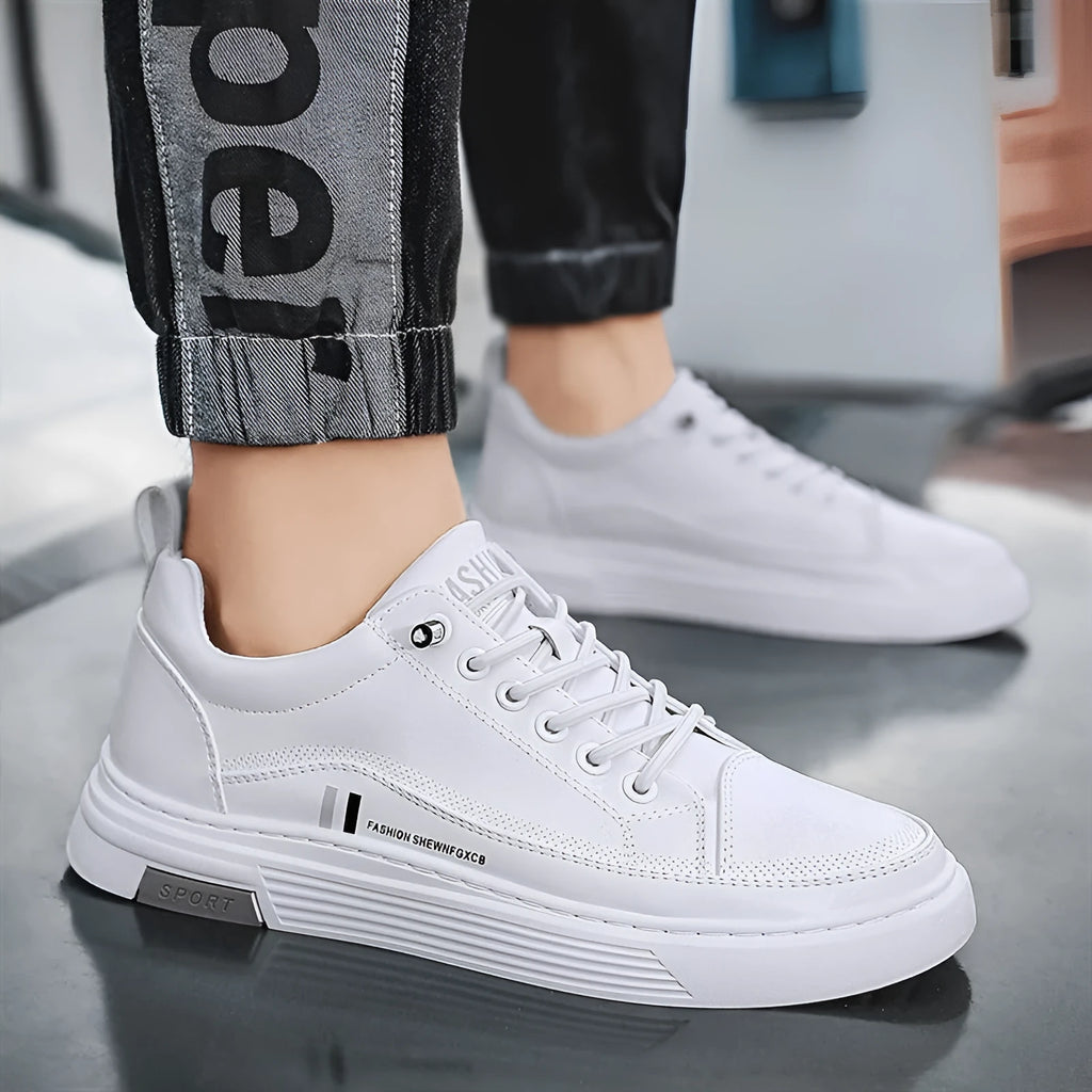 Men's white skateboard shoes with microfiber upper and elastic band closure