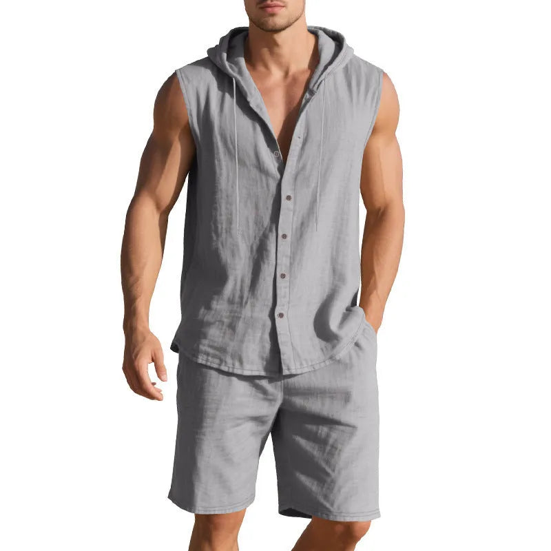 Men's linen sleeveless shirt and shorts suit in light blue, laid flat.