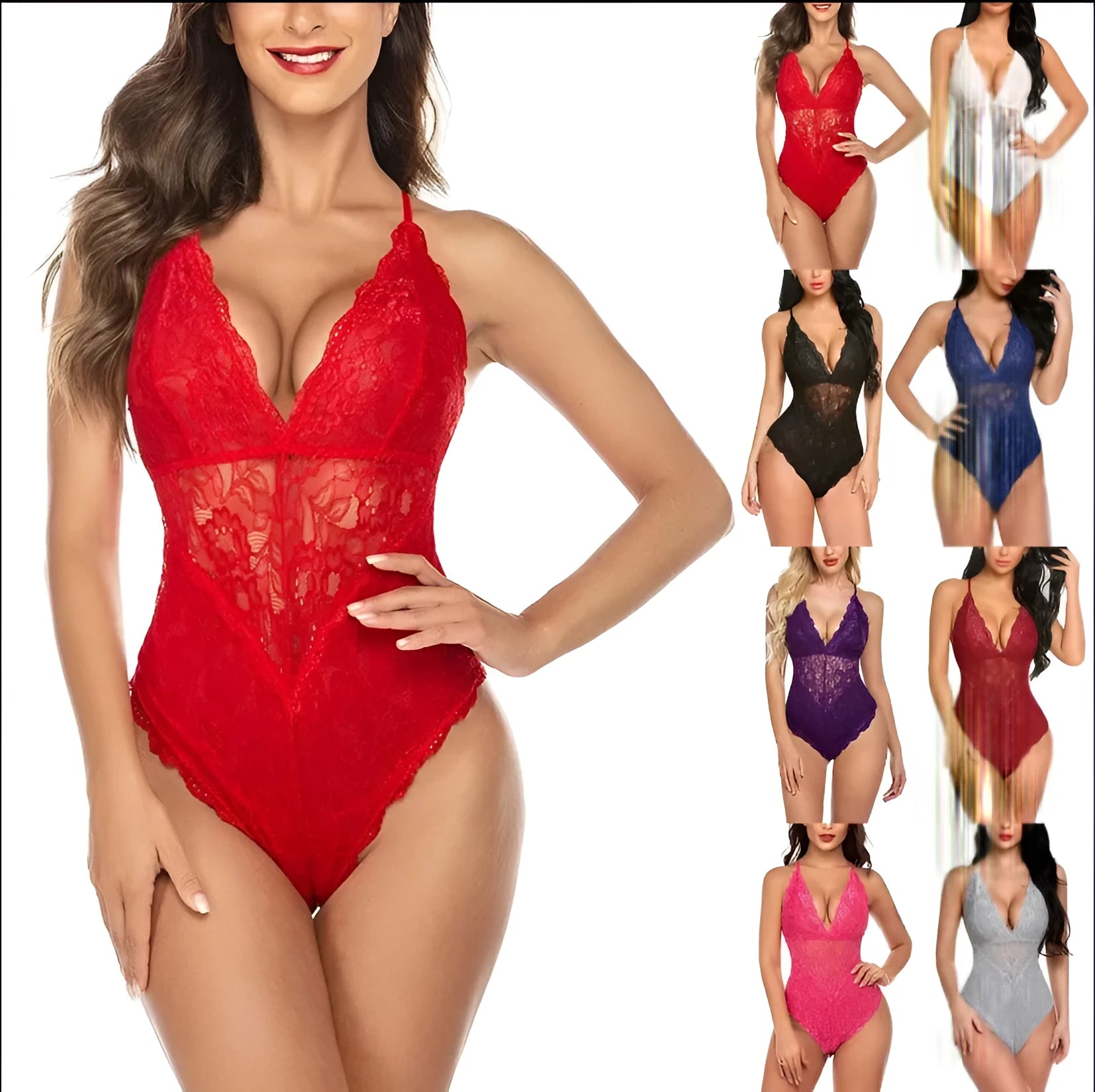Lace bodysuit one-piece lingerie in red with polyester fibre fabric, available in sizes S to XXL