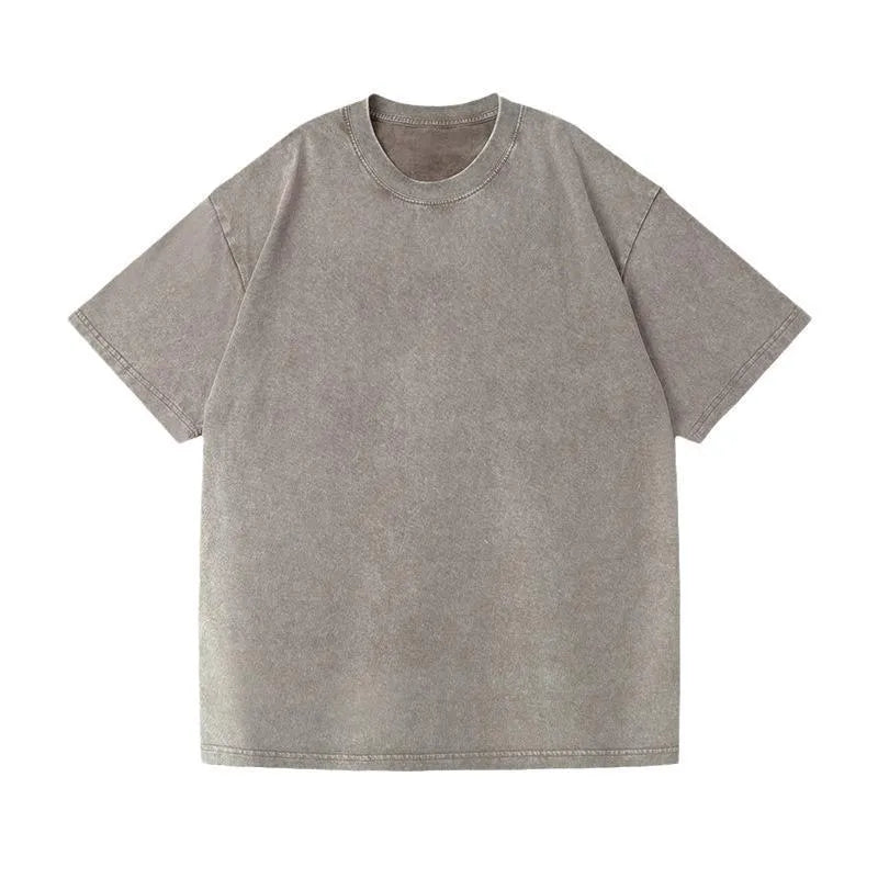 230g American style loose distressed retro washed men's solid colour short sleeve pure cotton t-shirt in blue