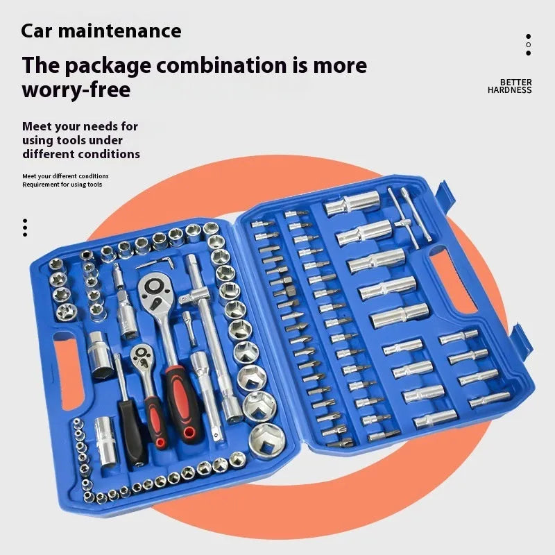 82-piece auto repair tool set in galvanized blue case with carbon steel ratchet wrenches