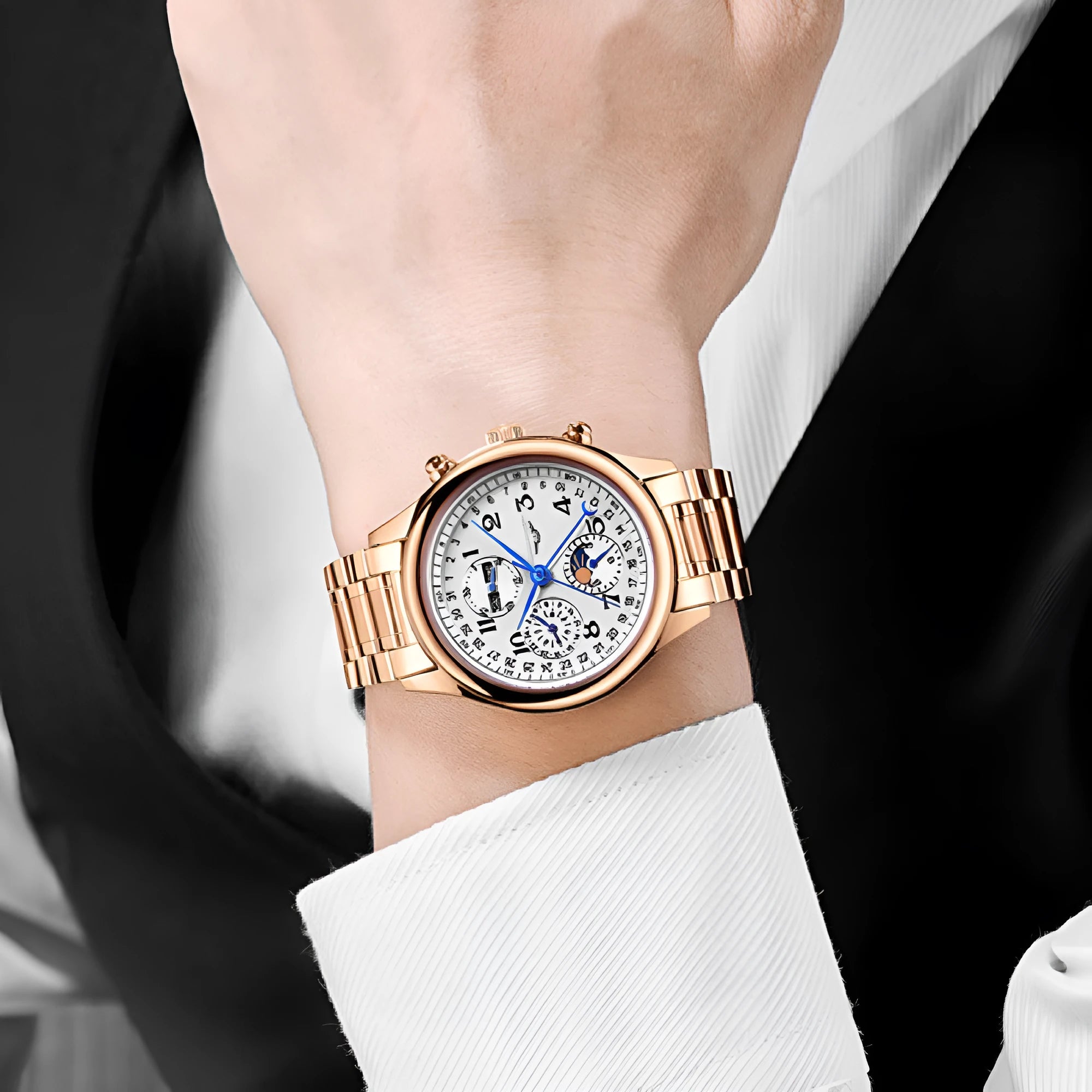 Men's black dial perpetual calendar watch with leather strap showing moon phase display