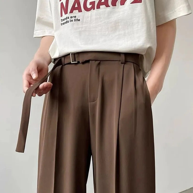 Straight leg wide trousers in black chemical fibre blend fabric with non-ironing finish
