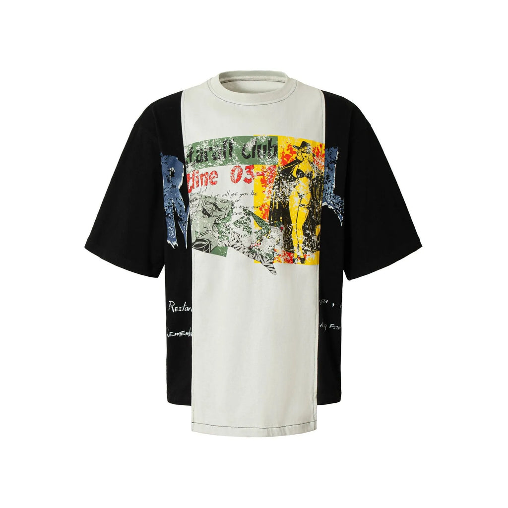 Men's black and white deconstruction print cotton blend t-shirt with a loose fit and short sleeves.