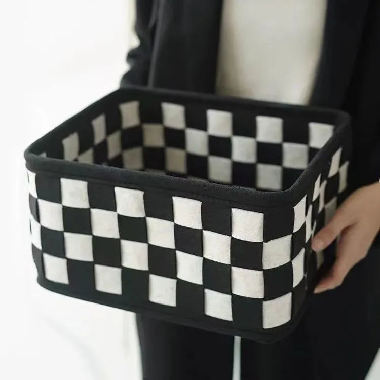 Checkerboard pattern black and white woven felt storage basket with handles