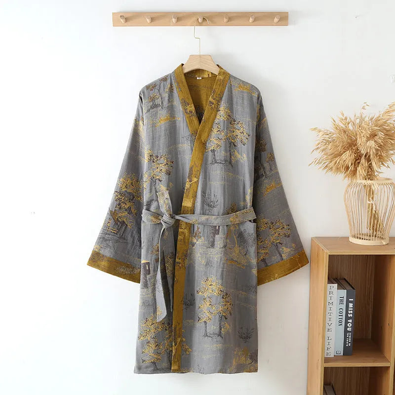 Pure cotton jacquard Chinese style belt nightgown in gray green with belt detail