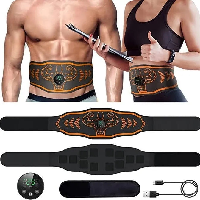 Rechargeable EMS smart massage belt and host unit in orange and blue colour options
