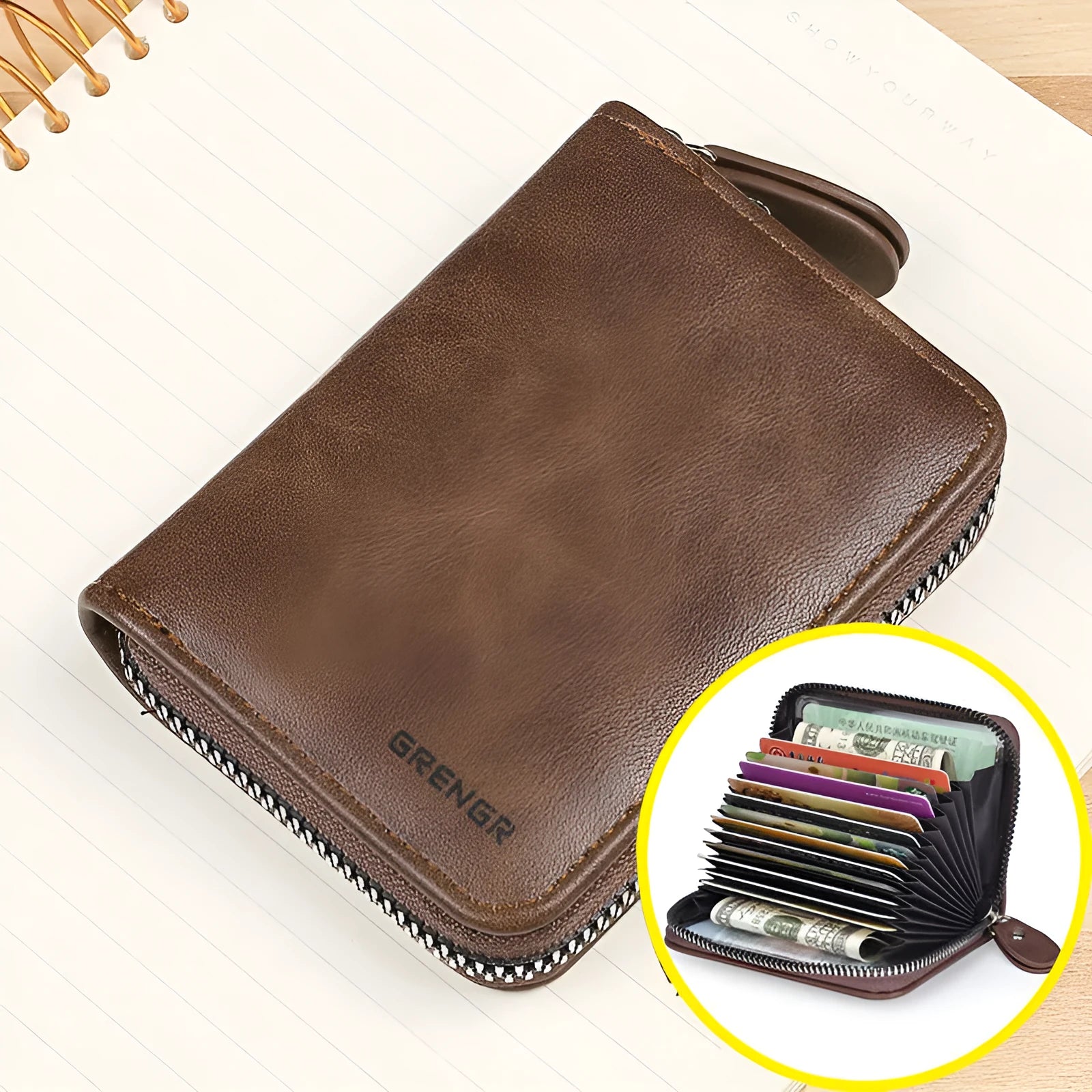 Dark brown anti-degaussing card holder with 9 card slots and 2 ID holders in synthetic leather