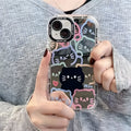 Linear cat pattern cosmetic mirror phone case with sticker for Apple 14 Pro, shockproof PC material