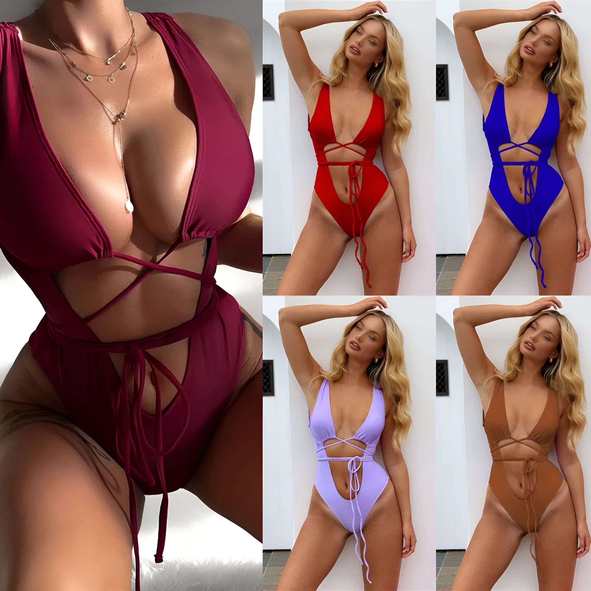 Women's hollow out strap one-piece swimsuit in solid colour with sleeveless design