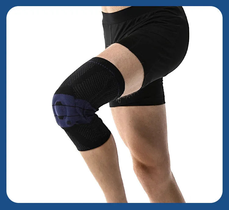 Adult sports knee pad in black and blue colour made from nylon and spandex material