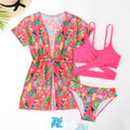 Girls floral print bikini swimsuit on hanger, showing two-piece design and overlay detail.