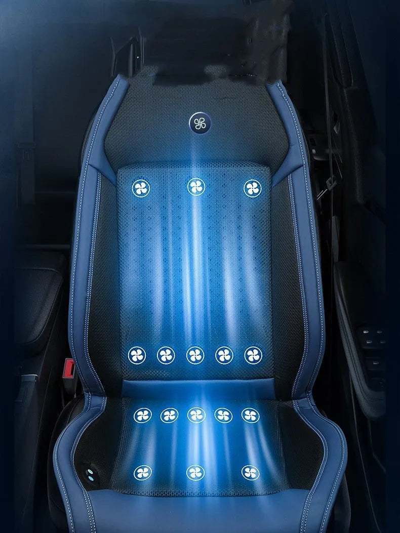 Minimalist black car seat cooling pad with USB-powered ventilation system for summer driving