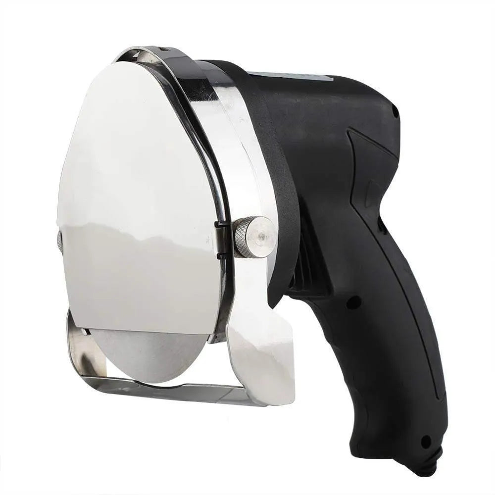Black electric meat cleaver with power cord and EU plug for turkey barbecue preparation.