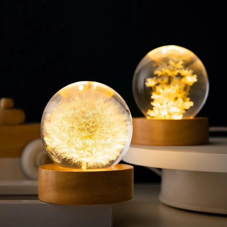 3D preserved dandelion inside clear resin ball LED lamp on beech wood desktop stand.