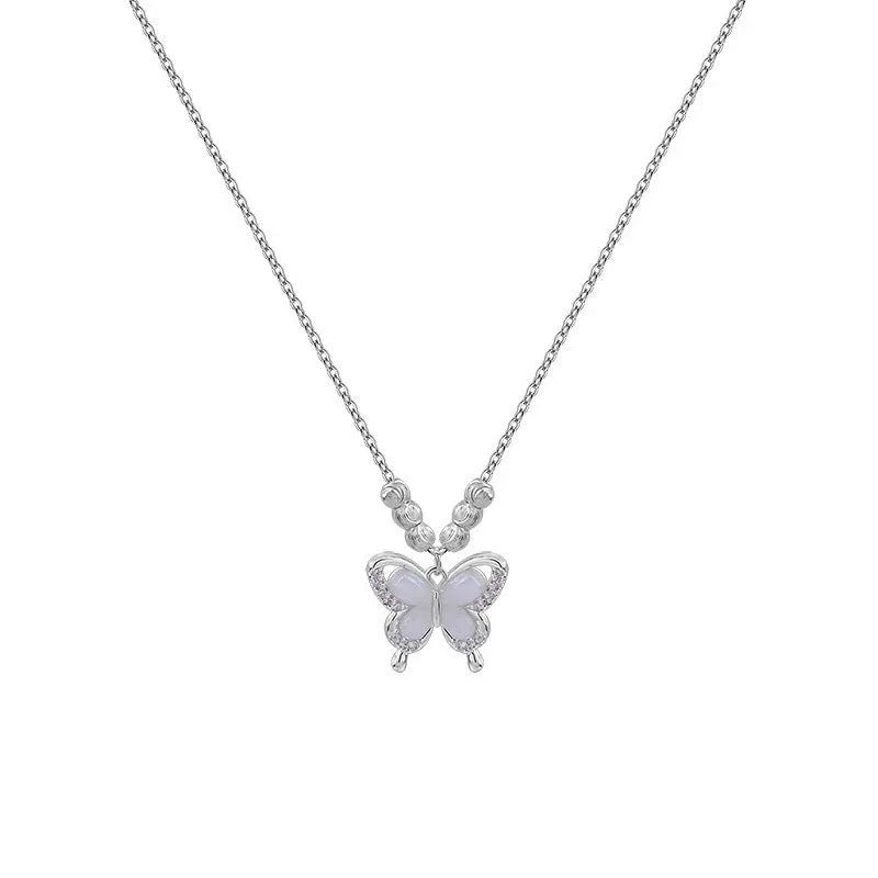 Silver women's necklace with a square opal butterfly pendant on a cross chain, adjustable from 41cm to 50cm.
