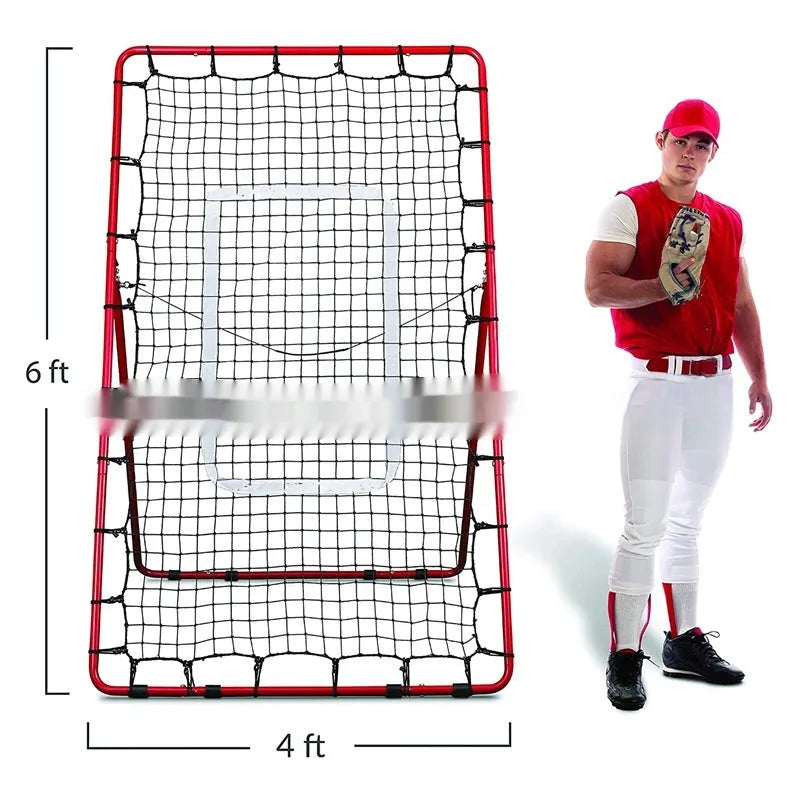Red adjustable portable baseball training net with metal frame measuring 4x6 feet