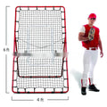 Red adjustable portable baseball training net with metal frame measuring 4x6 feet