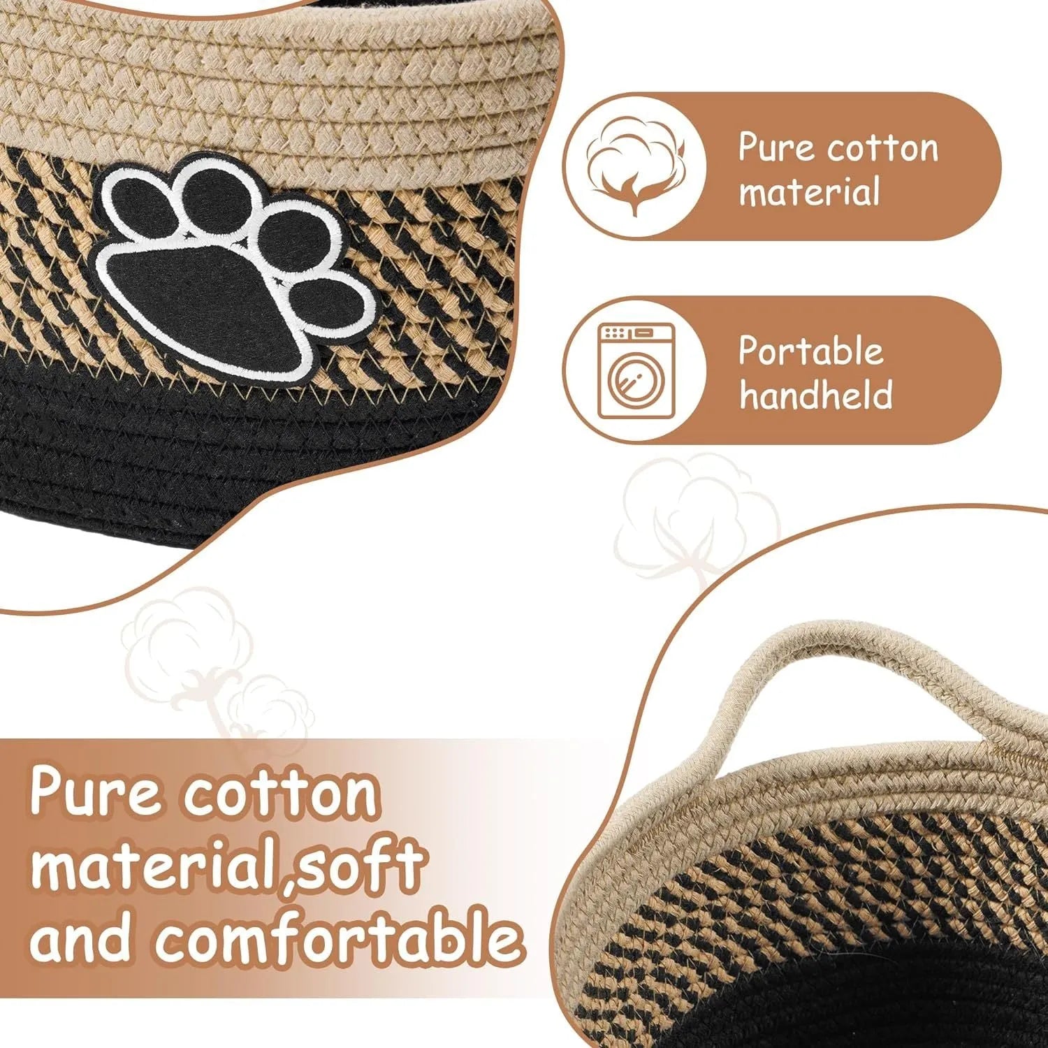 Handmade light beige cotton rope woven storage basket with handle on a wooden surface