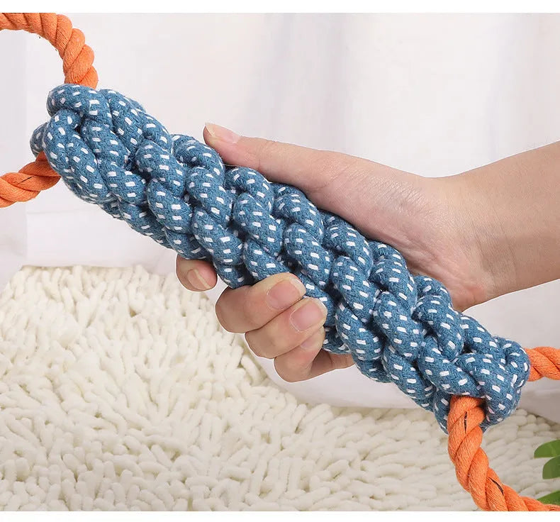 Blue double-ring cotton knot dog chew toy measuring 37cm with braided rope construction