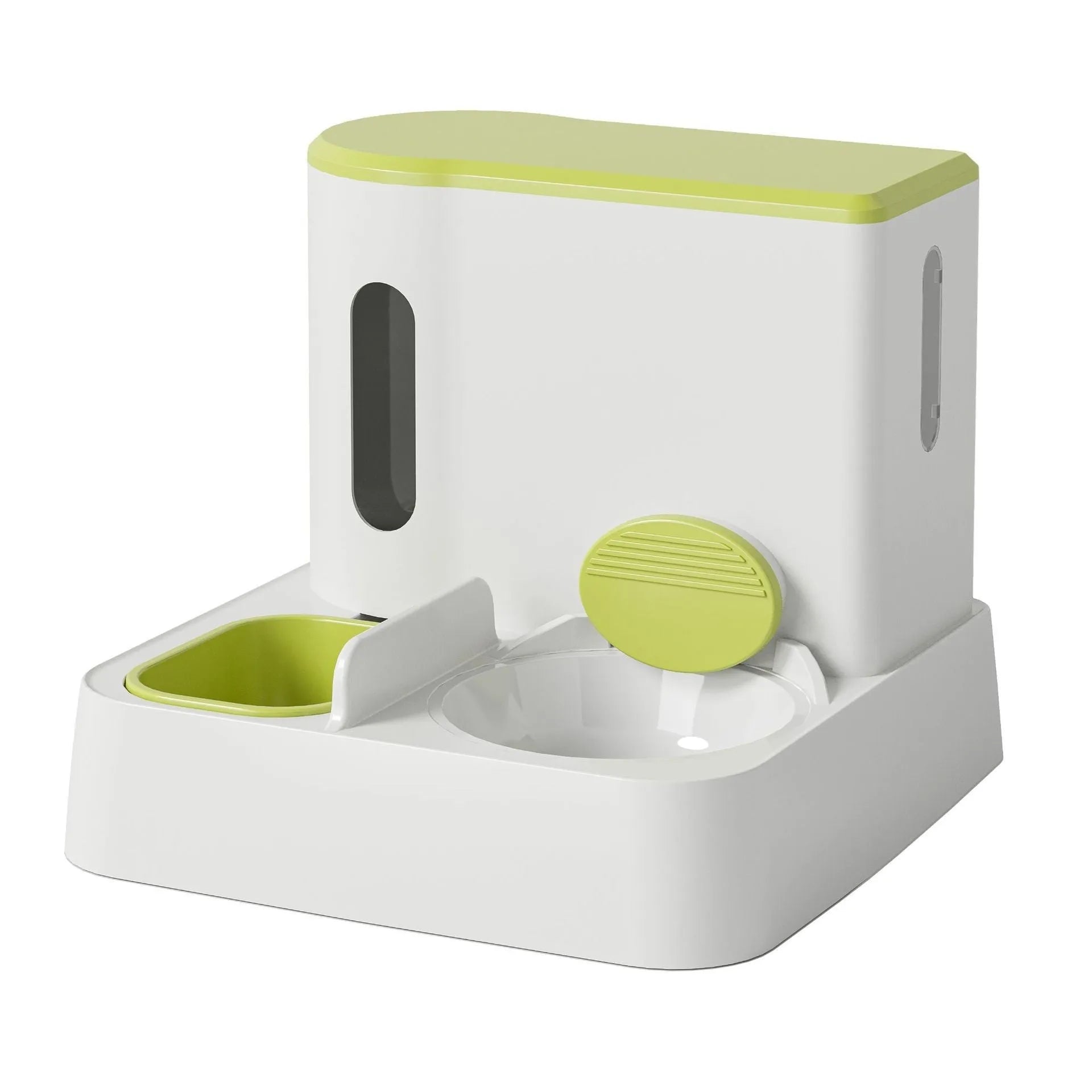 Automatic cat feeder with integrated water dispenser and double bowl system in grey colour
