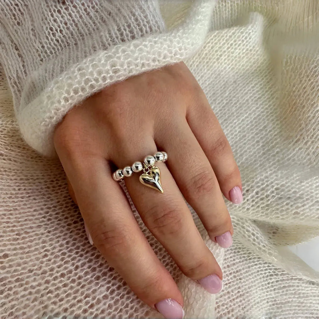 Handmade elastic beaded ring with love heart design in gold and silver electroplating