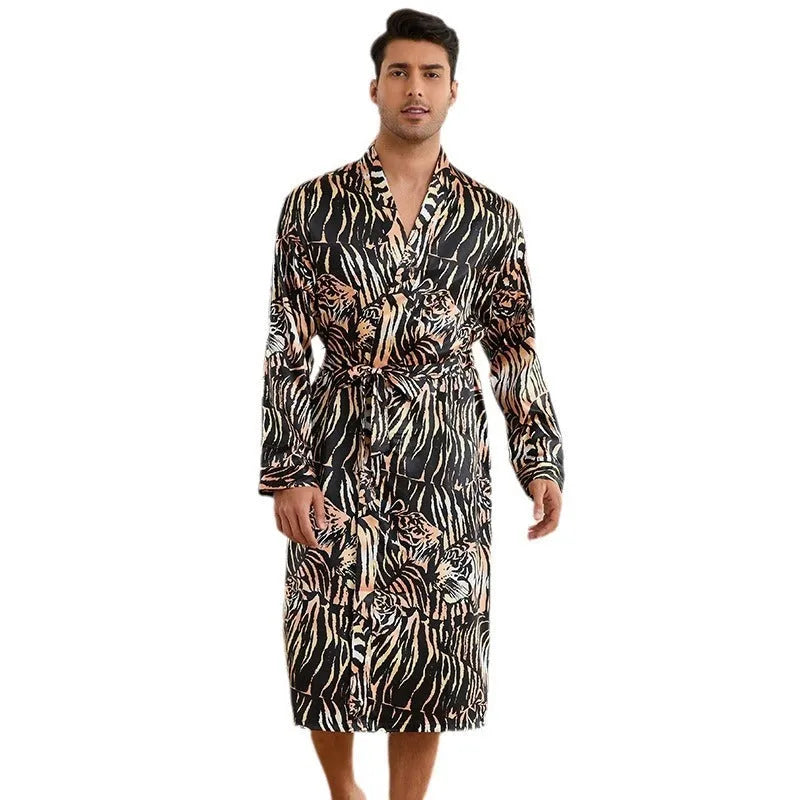 Men's tiger pattern ice silk bathrobe set with long sleeve robe and matching trousers
