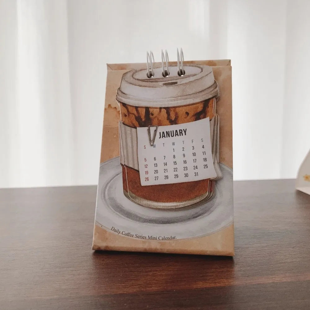 2025 mini desk calendar set showing four different paper calendar designs including Coffee Time theme