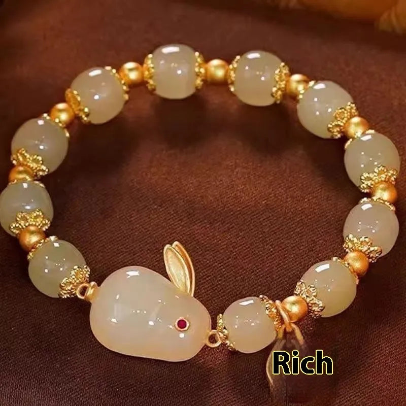 Green Chinese-style jade hare zodiac bracelet for women with electroplated mixed material construction