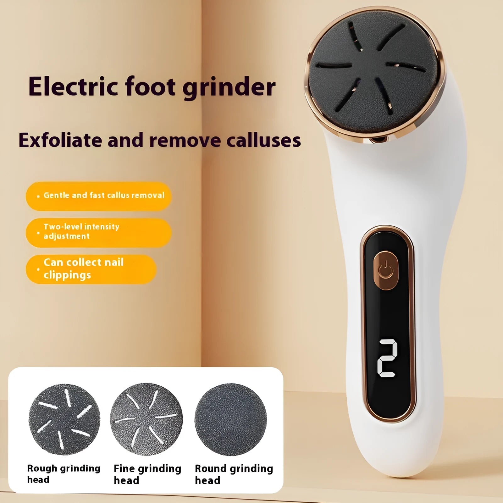 Electric foot grinder in ivory white with oval pumice stone head and USB charging port