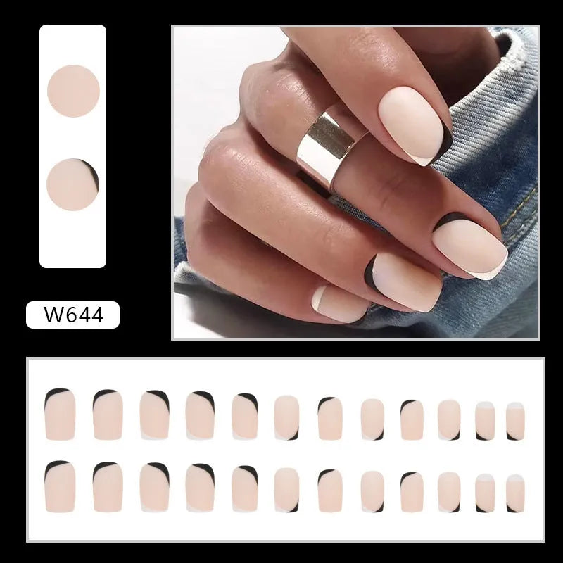 Black and white frosted matte artificial nails in a double-piece mandarin duck colour split design.