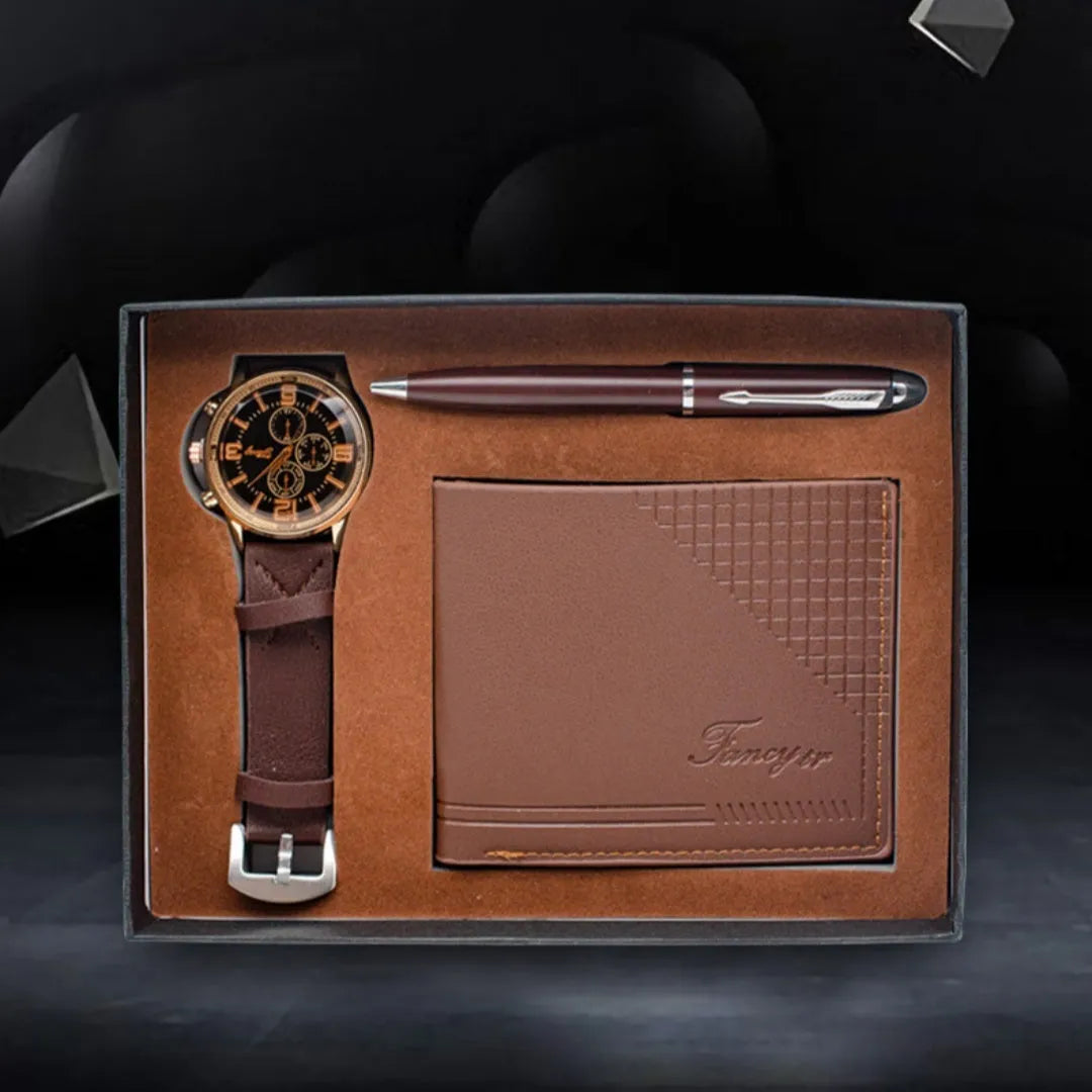 Modern business gift set containing a brown wallet, pen, and watch inside an elegant presentation box.