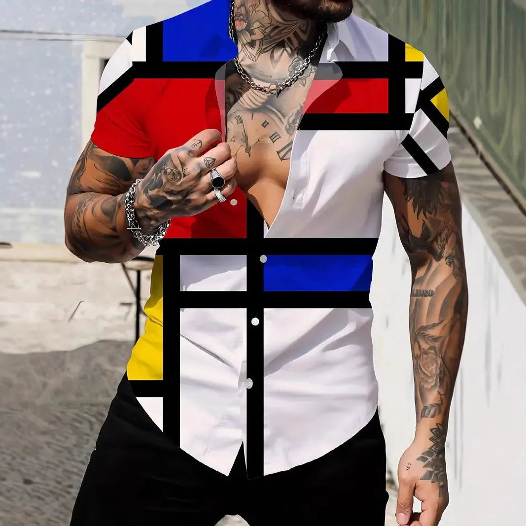 Men's slim fit short sleeve shirt with geometric line print design on the lapel.