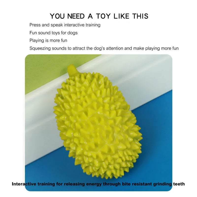 Beige, green, and yellow durian-shaped dog chew toy with raised bristles for teeth cleaning.