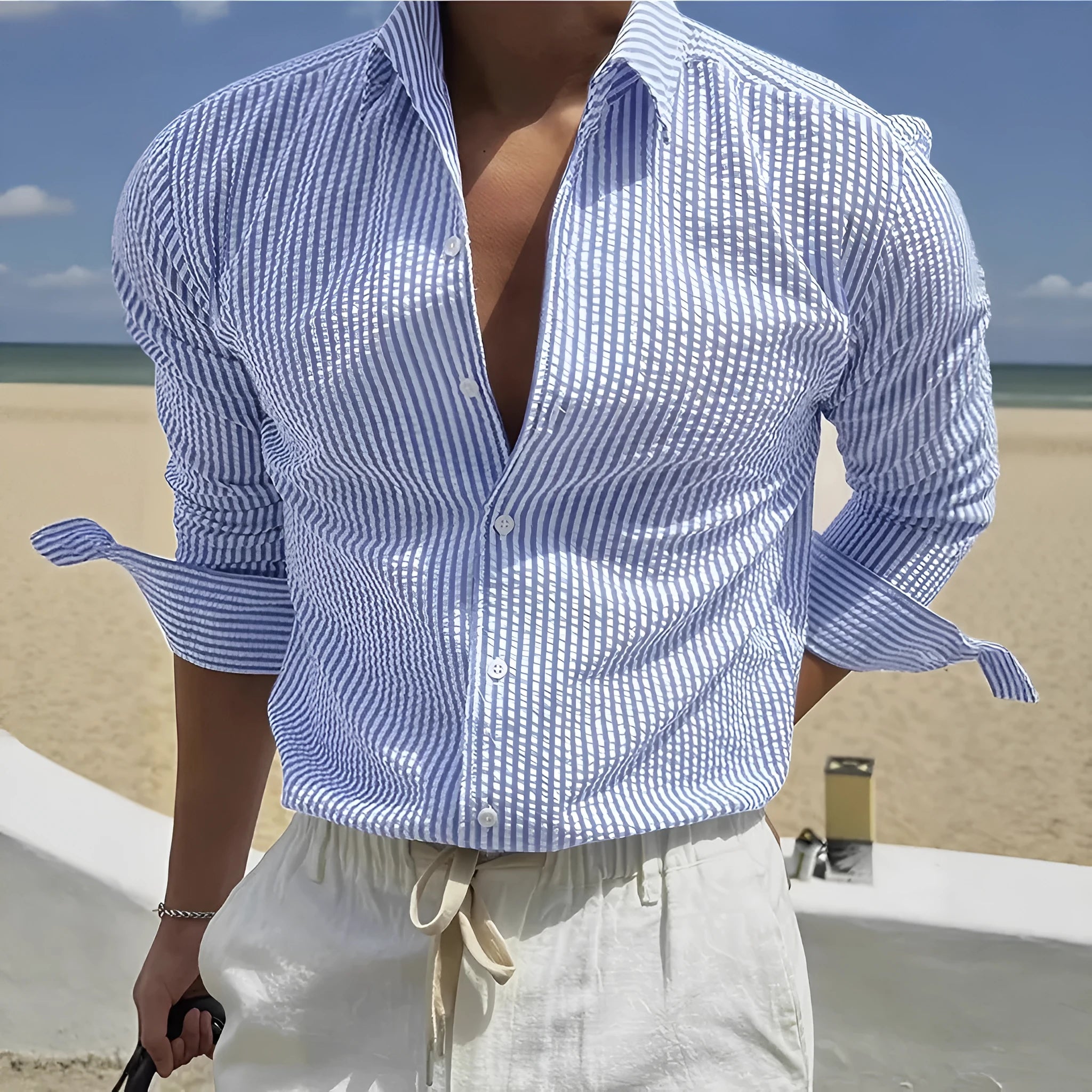 Fashion striped cardigan lapel long sleeve shirt in polyester fabric with lapel collar