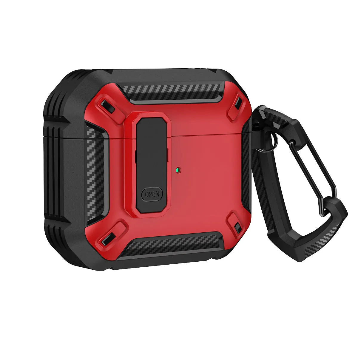 Hard plastic protective shell case with metal hook for Apple AirPods charging case in two-tone black and yellow.