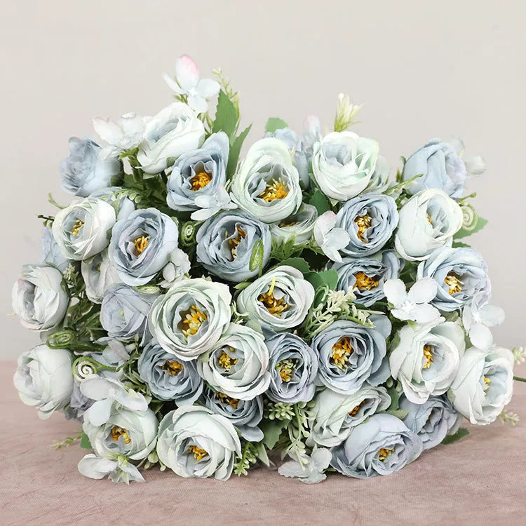 Simulated 5-prong wedding rose bouquet with 10 spring roses in five colours, 30cm length