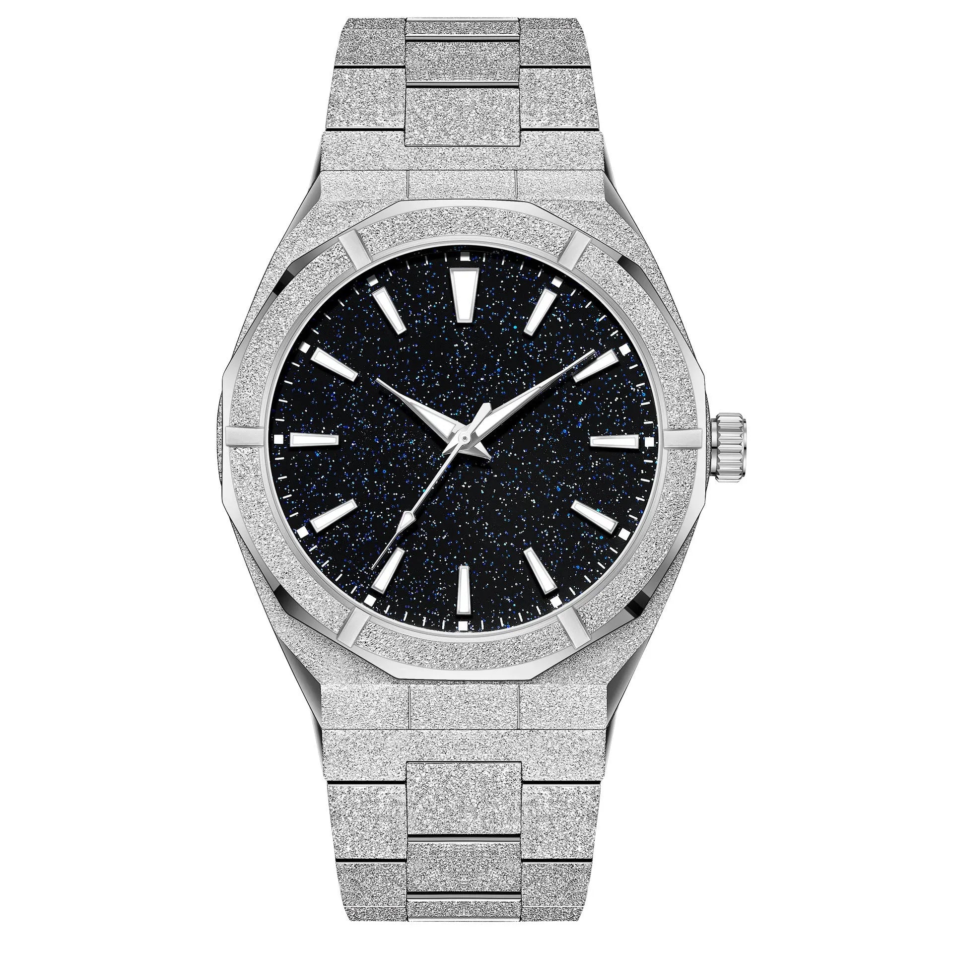 Men's business watch with frosted stainless steel case and luminous markers in silver colour