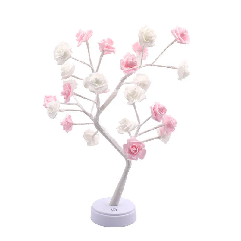 LED rose tree lamp with black tree and pink roses, compact plastic desk lamp with touch screen base