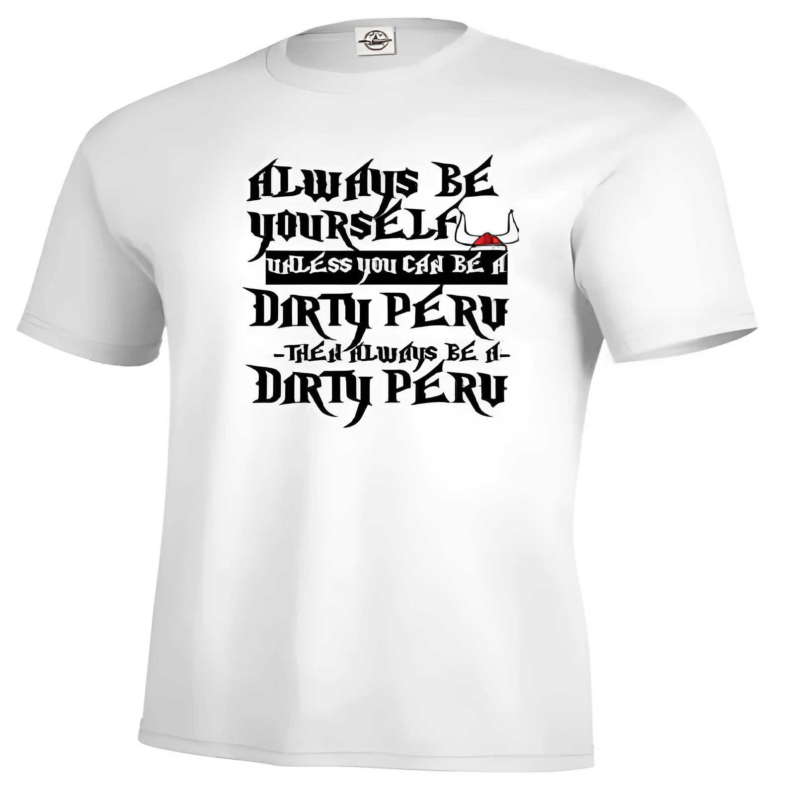 Men's solid white short sleeve casual T-shirt with a printed design.
