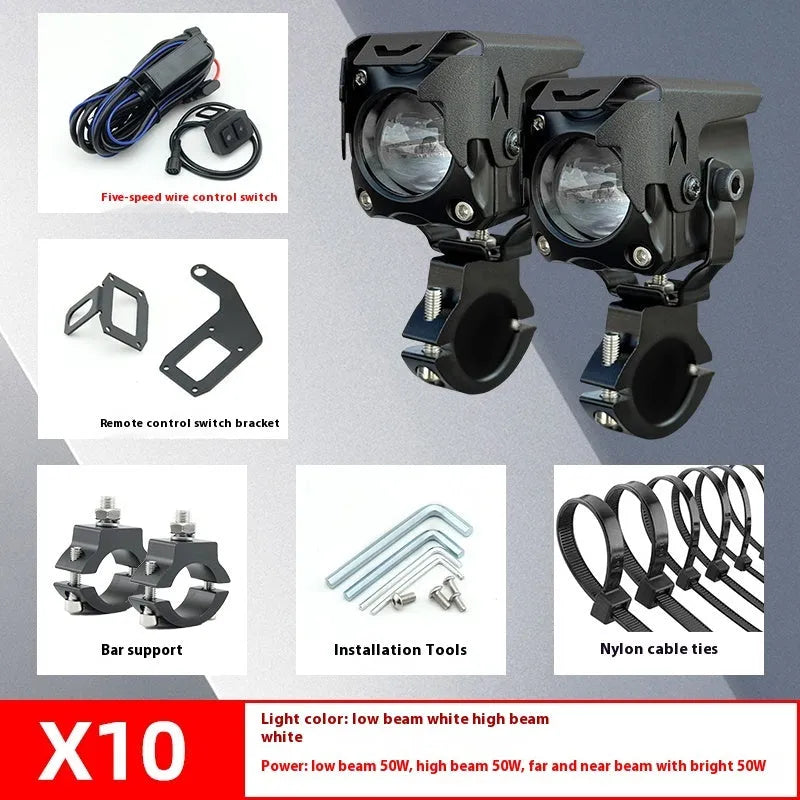 Motorcycle LED spotlight kit with integrated far and near beam lights, wiring, switches, and mounting brackets